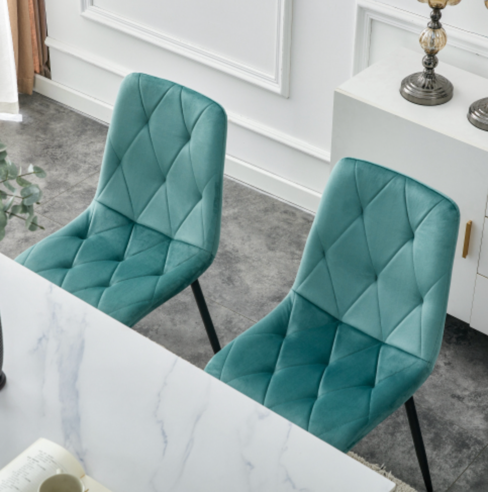 Modern Velvet Dining Chairs with Cushion Seat Back Black Coated Legs (Set of 4) - Antique Blue Green