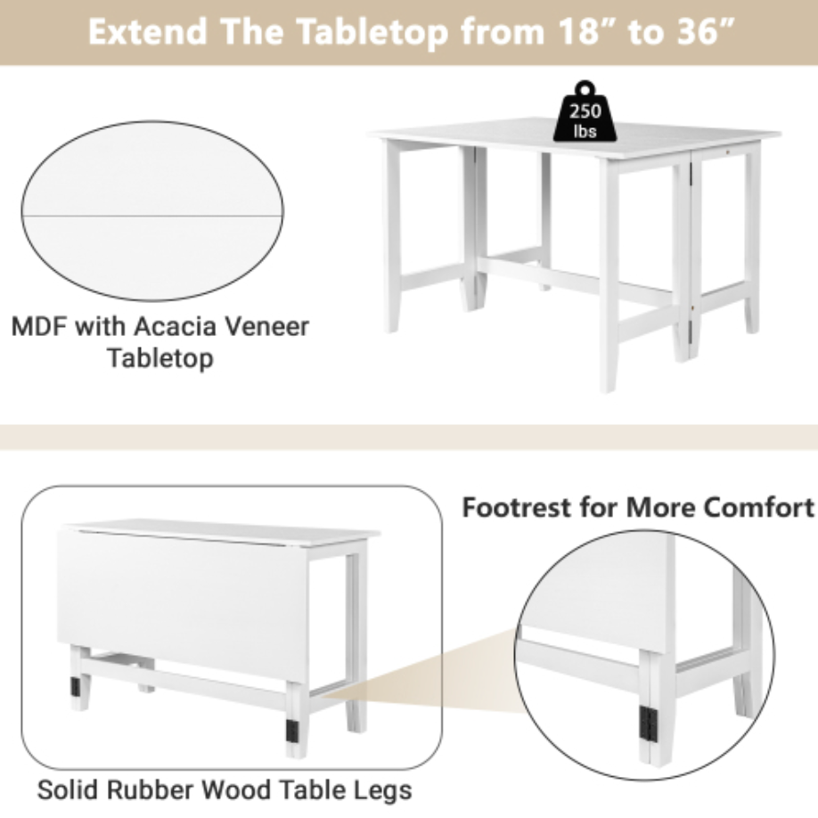 Farmhouse Wood Extendable Dining Table with Drop Leaf for Small Places - White