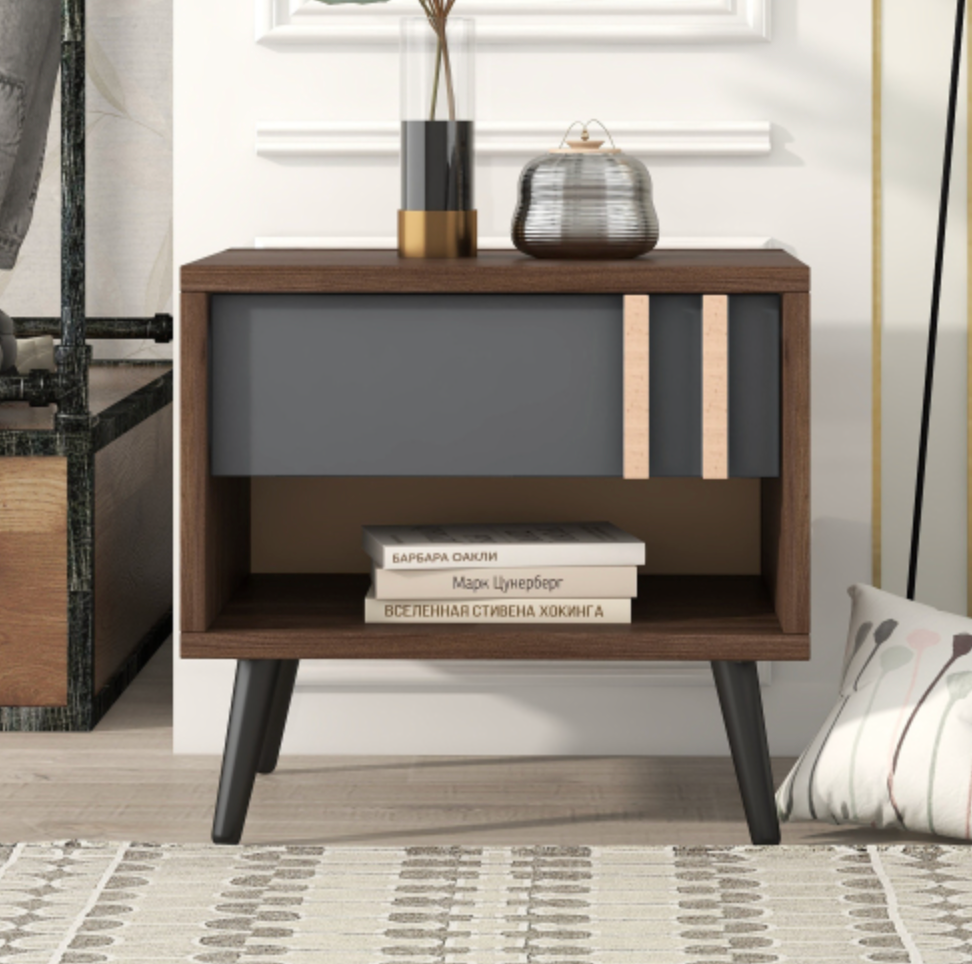 Wooden Nightstand  End Table for Bedroom - Gray+Walnut