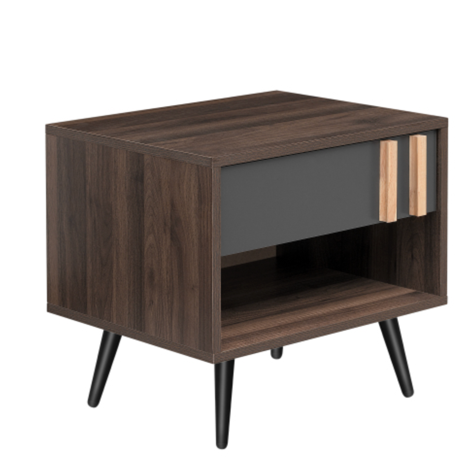 Wooden Nightstand  End Table for Bedroom - Gray+Walnut
