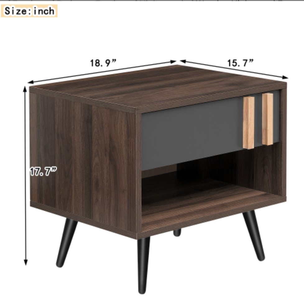 Wooden Nightstand  End Table for Bedroom - Gray+Walnut