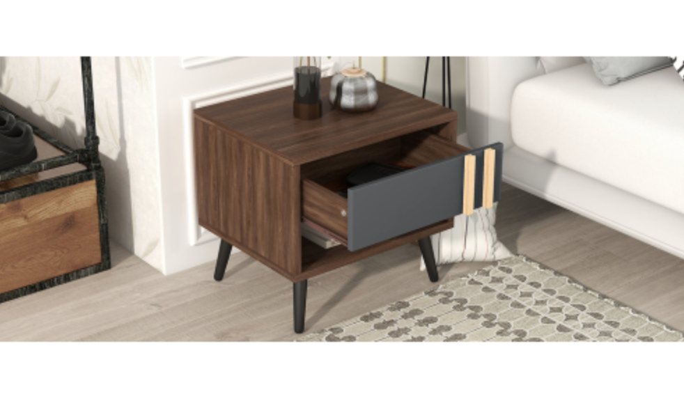 Wooden Nightstand  End Table for Bedroom - Gray+Walnut