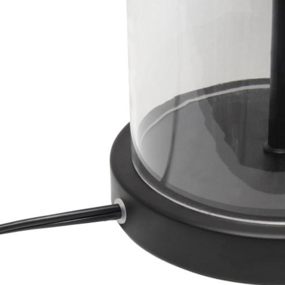 Enclosed Glass Table Lamp with Black Metal Accents Base and White Fabric Shade