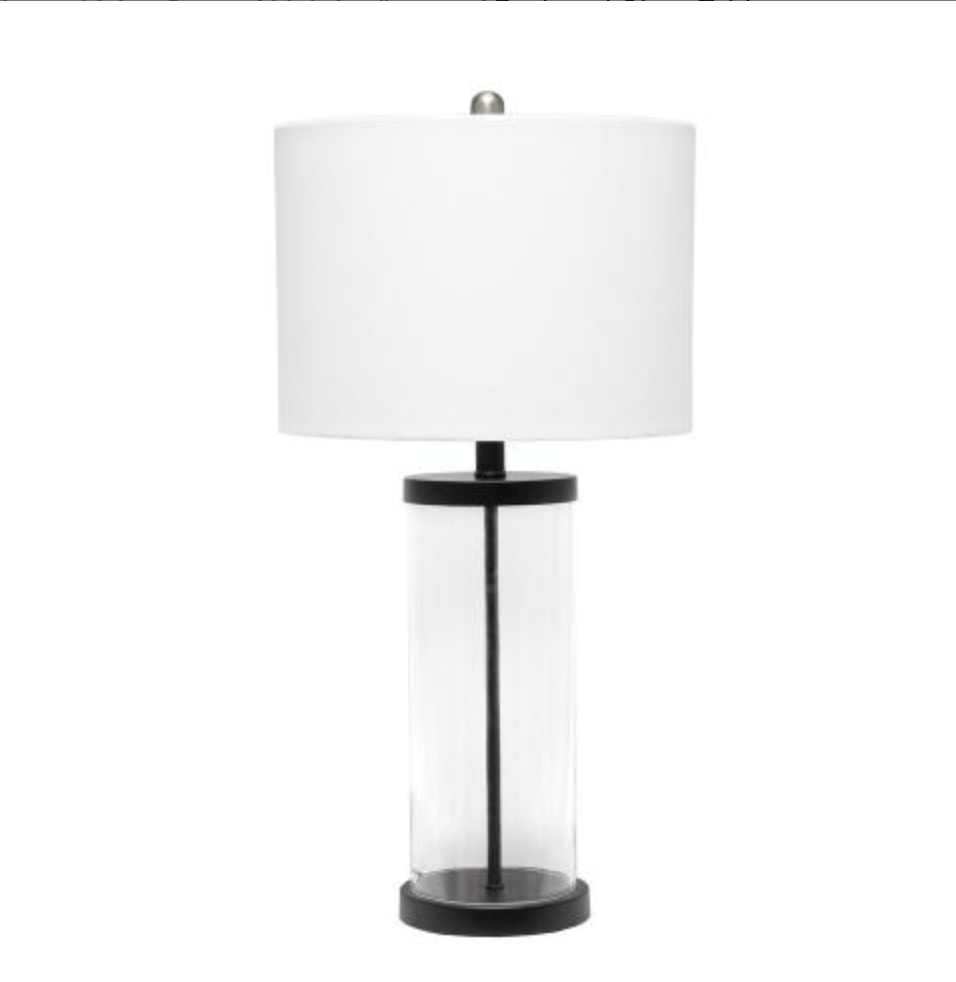 Enclosed Glass Table Lamp with Black Metal Accents Base and White Fabric Shade