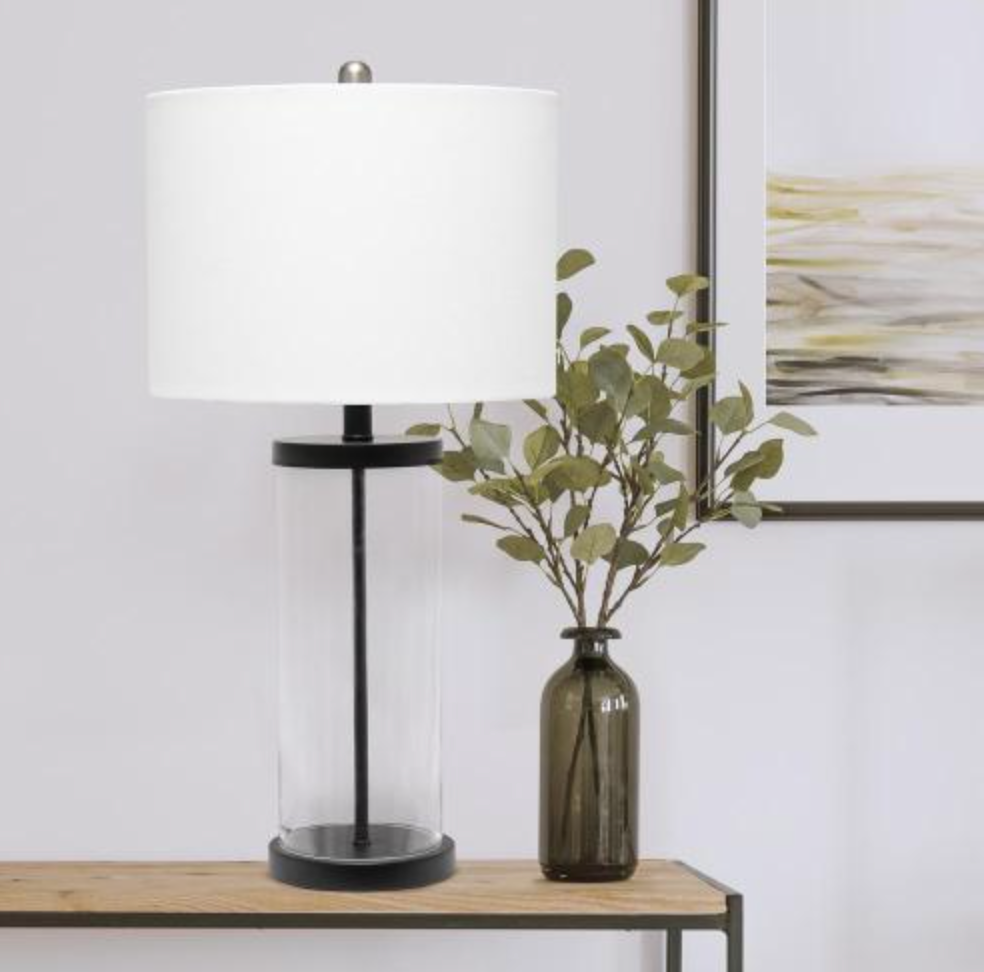 Enclosed Glass Table Lamp with Black Metal Accents Base and White Fabric Shade