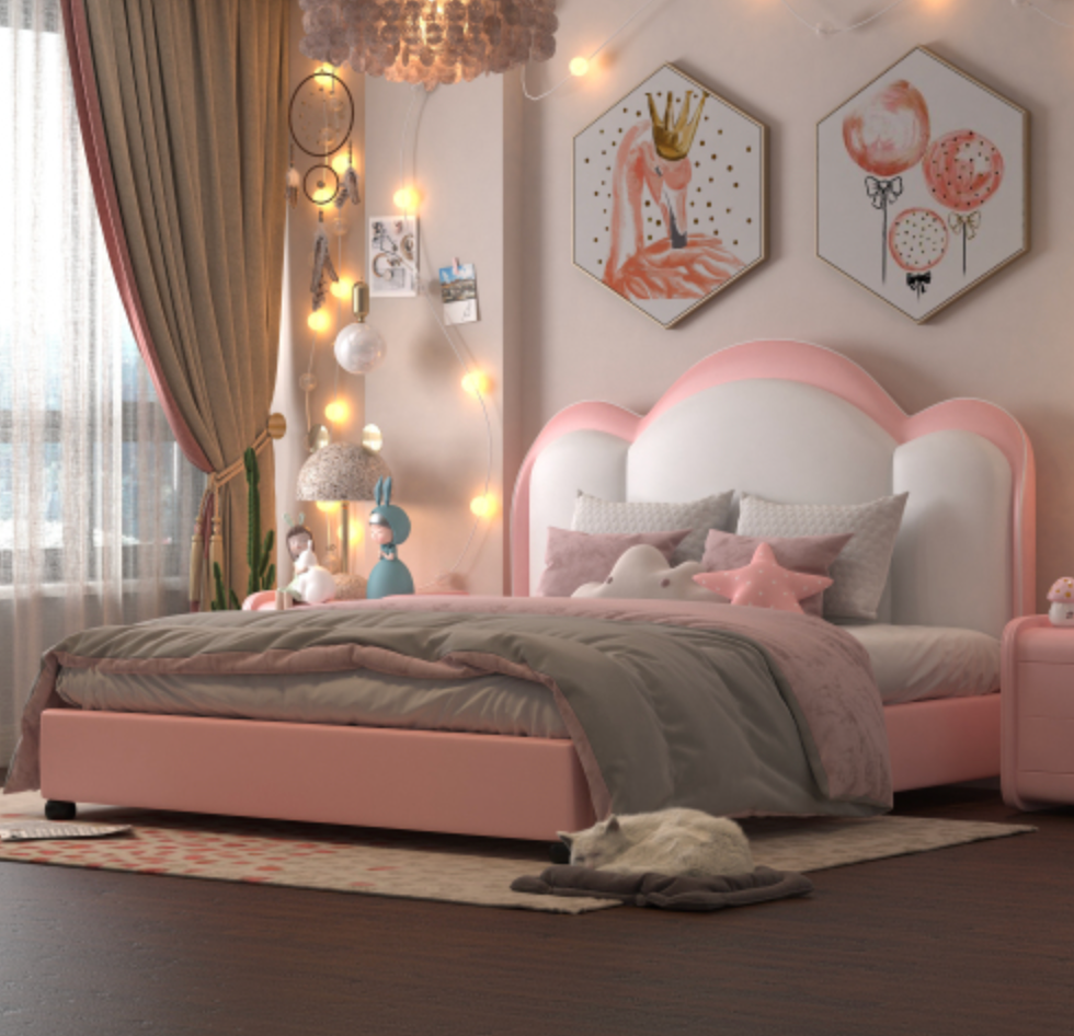 Twin size Upholstered Leather Platform Bed with Solid Wood Frame
