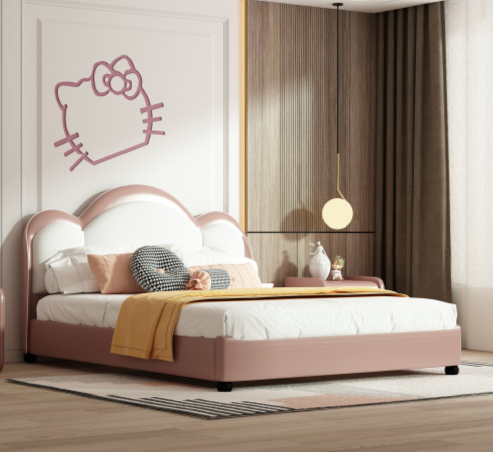 Twin size Upholstered Leather Platform Bed with Solid Wood Frame