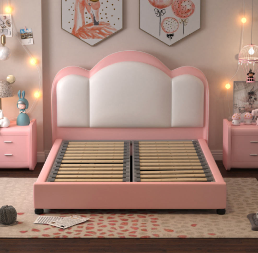 Twin size Upholstered Leather Platform Bed with Solid Wood Frame