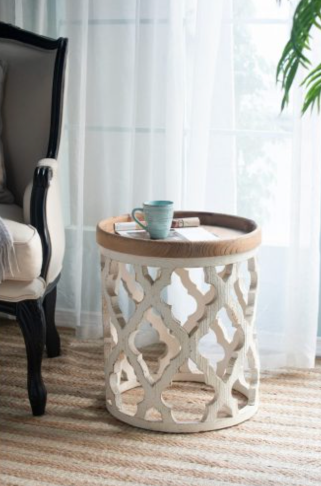 French Country Large Distressed White Side Table 23"