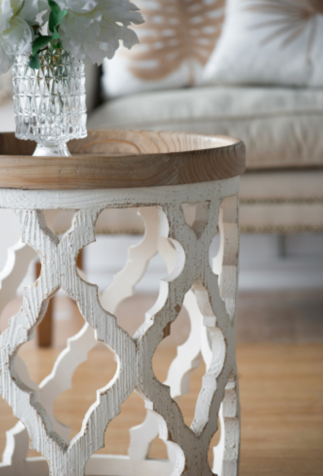 French Country Large Distressed White Side Table 23"