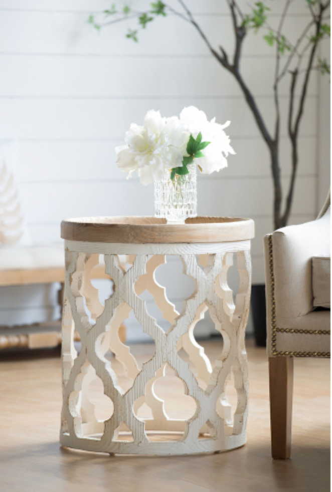 French Country Large Distressed White Side Table 23"