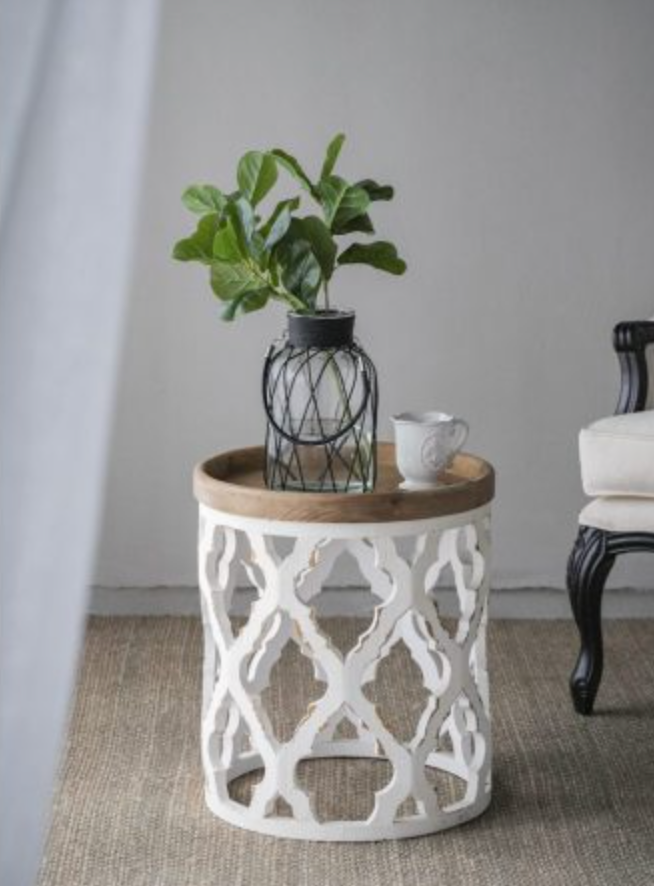 French Country Large Distressed White Side Table 23"