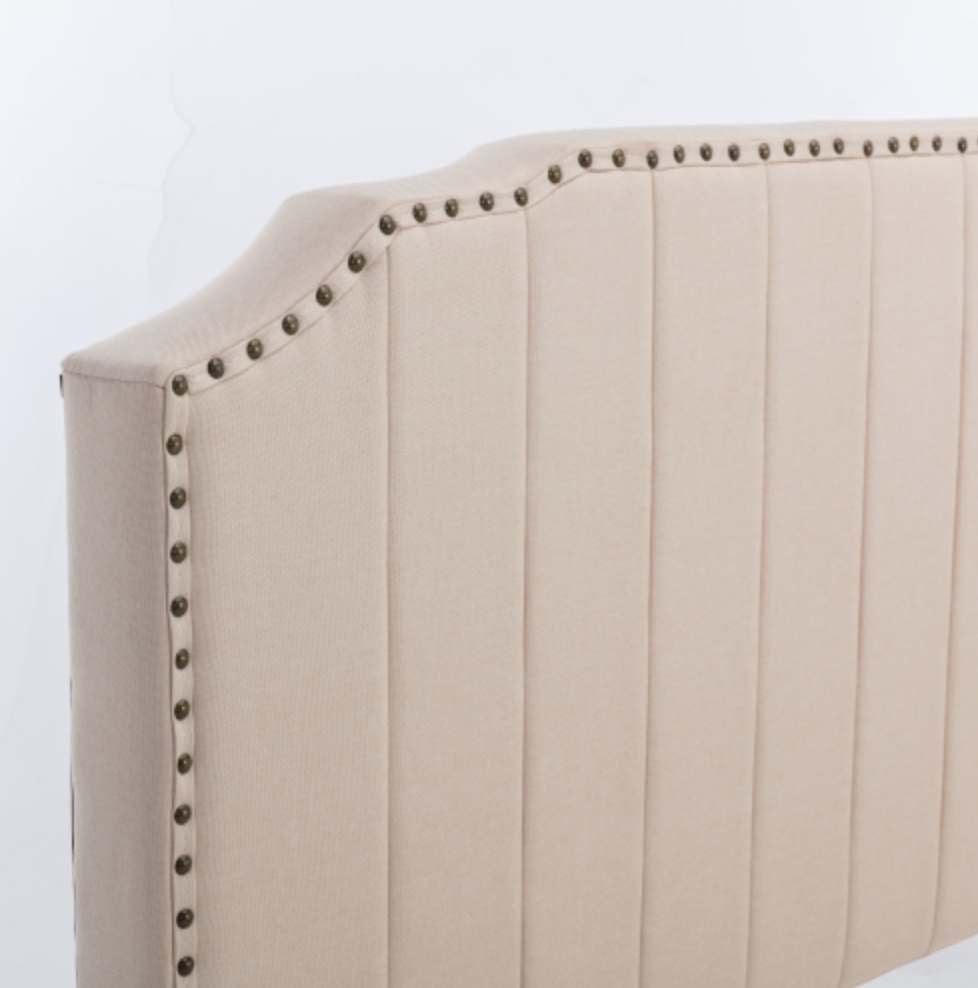 King Size Bed with Headboard Solid Wood Frame, Nailhead Trim - Beige
