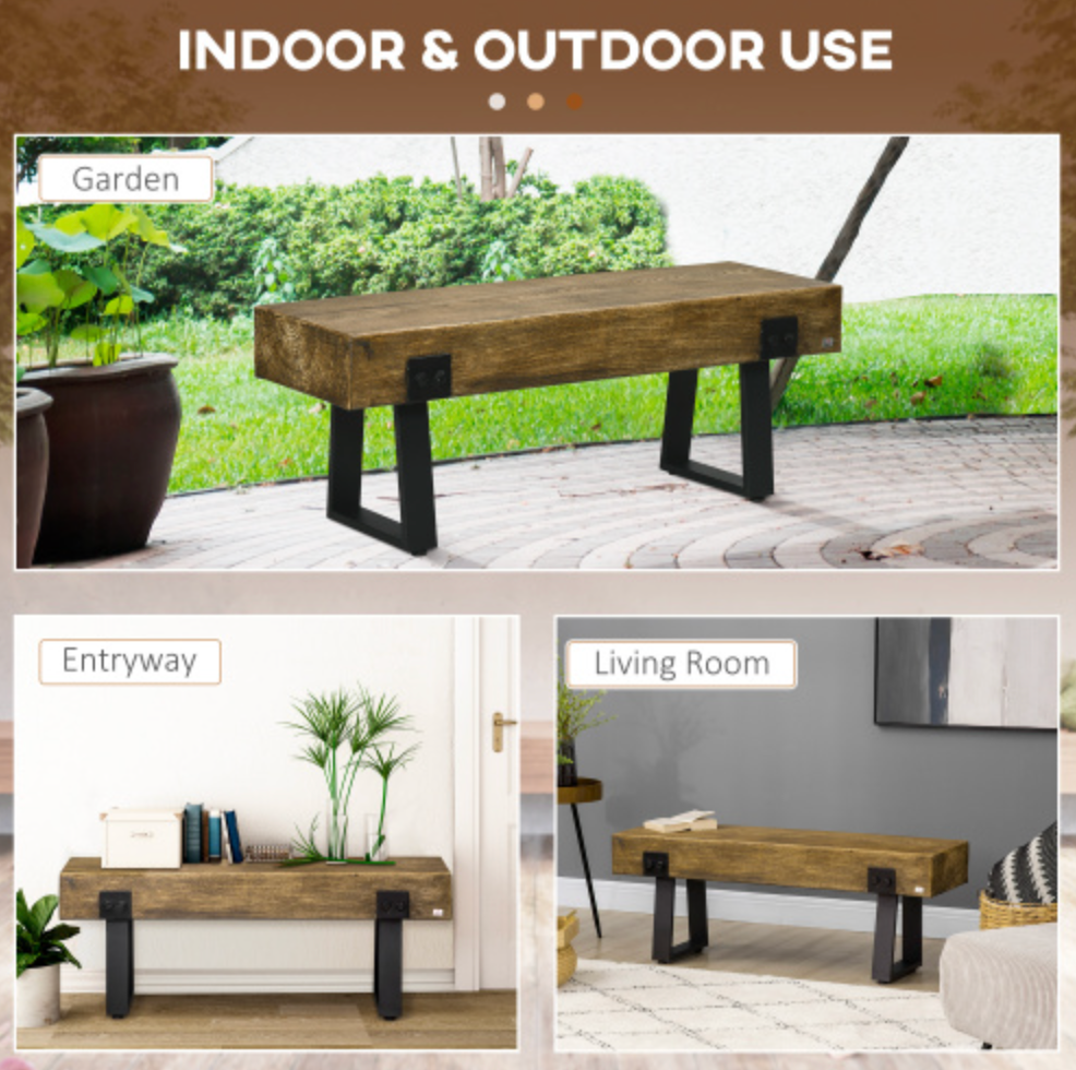 Garden Bench with Metal Legs, Rustic Wood Effect Concrete - Natural and Black