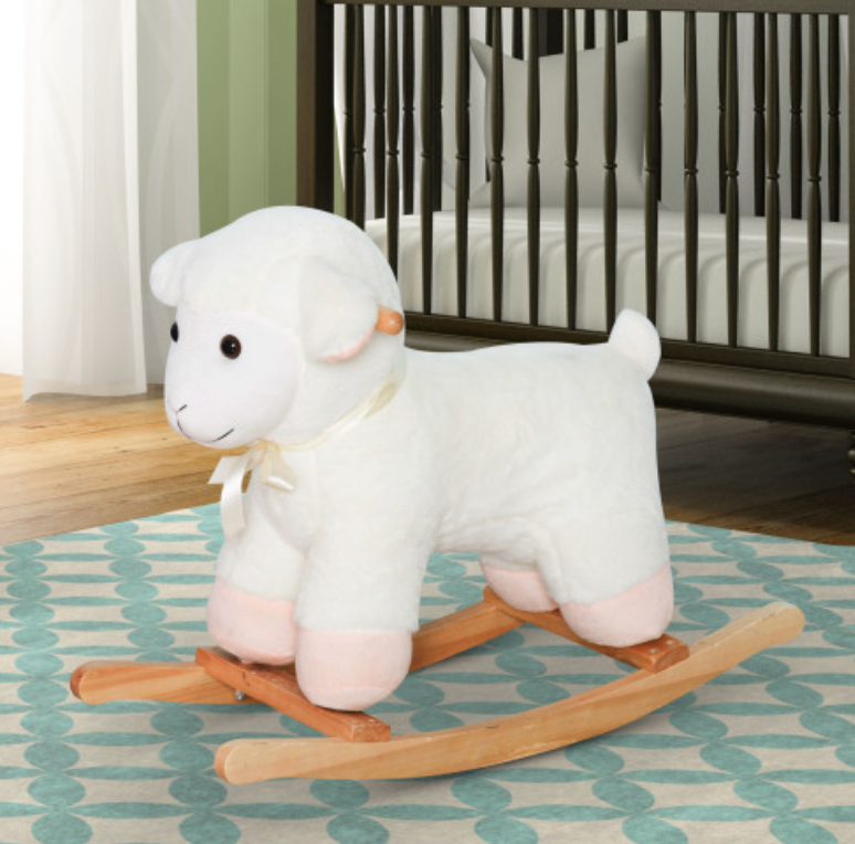 Rocking Horse Sheep, Nursery Stuffed Animal Ride On Rocker for Kids, Wooden Plush, White