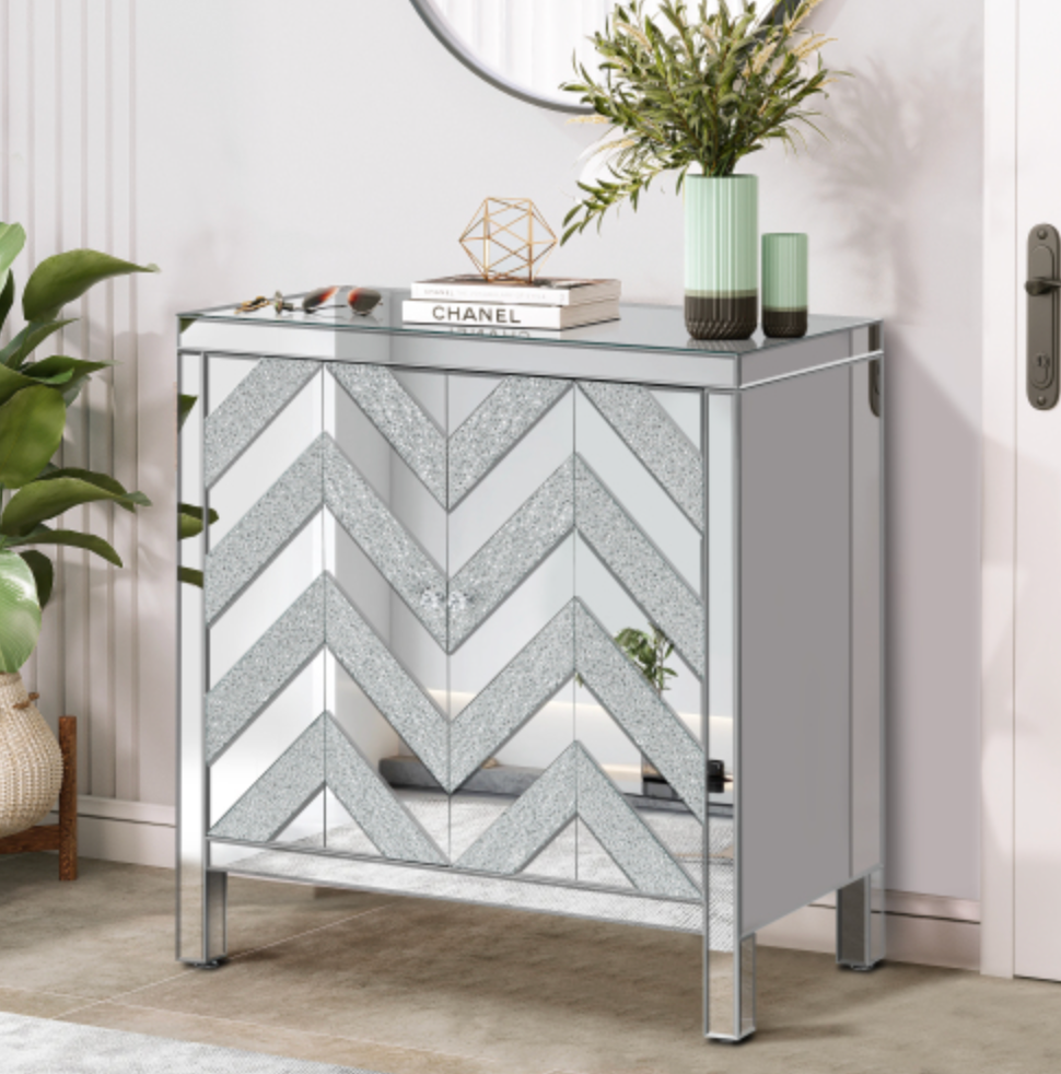 Cabinet with Mirror Trim and M Shape Design, Silver
