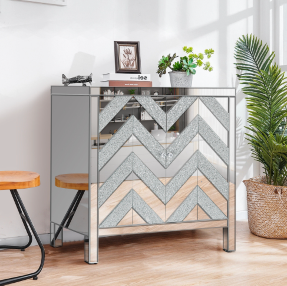 Cabinet with Mirror Trim and M Shape Design, Silver