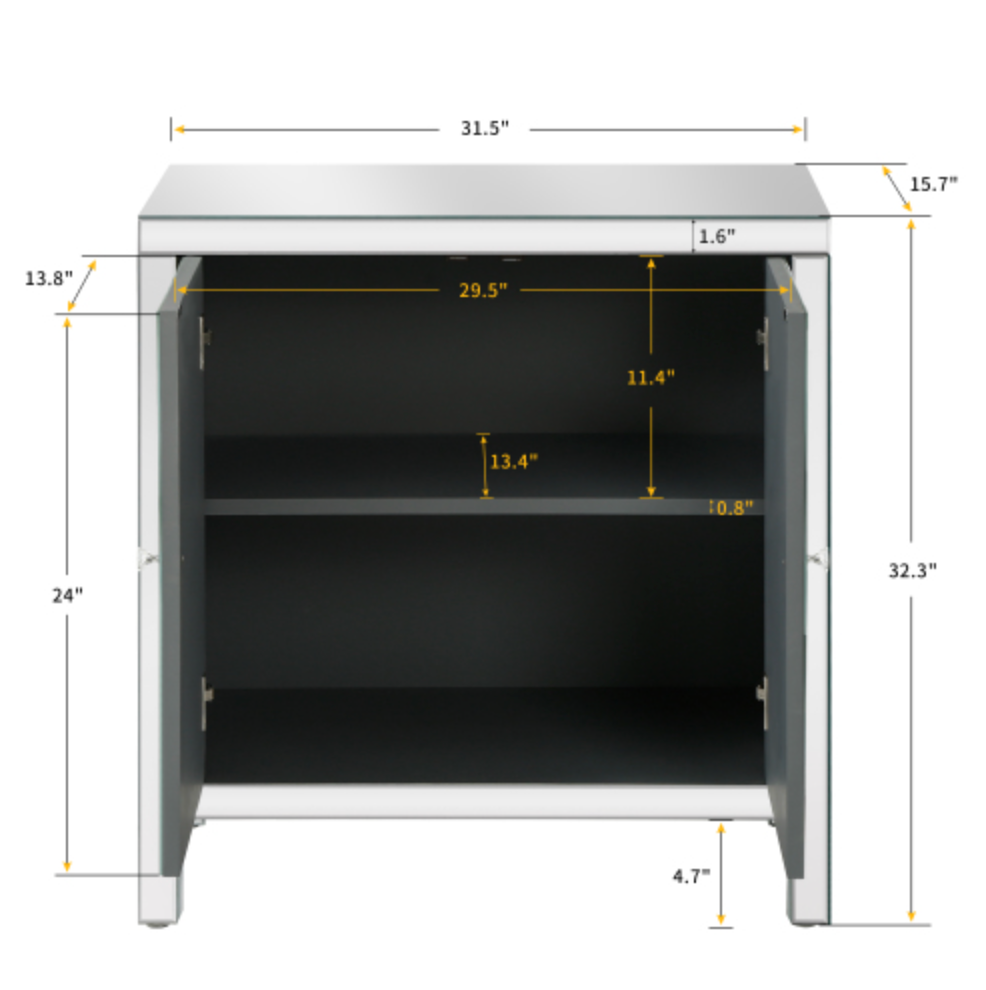 Cabinet with Mirror Trim and M Shape Design, Silver