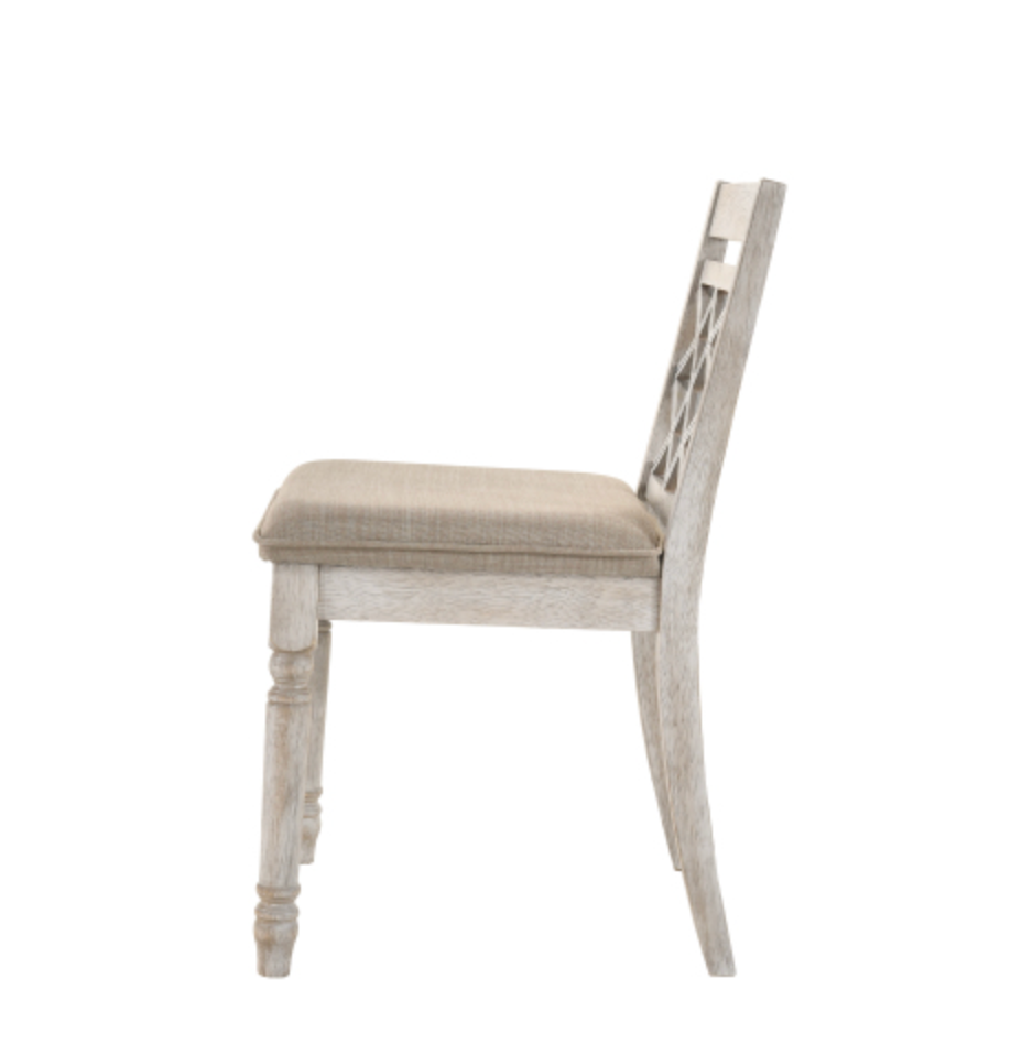 French Country Style Side Chair (Set-2) - Fabric & Antique White Finish