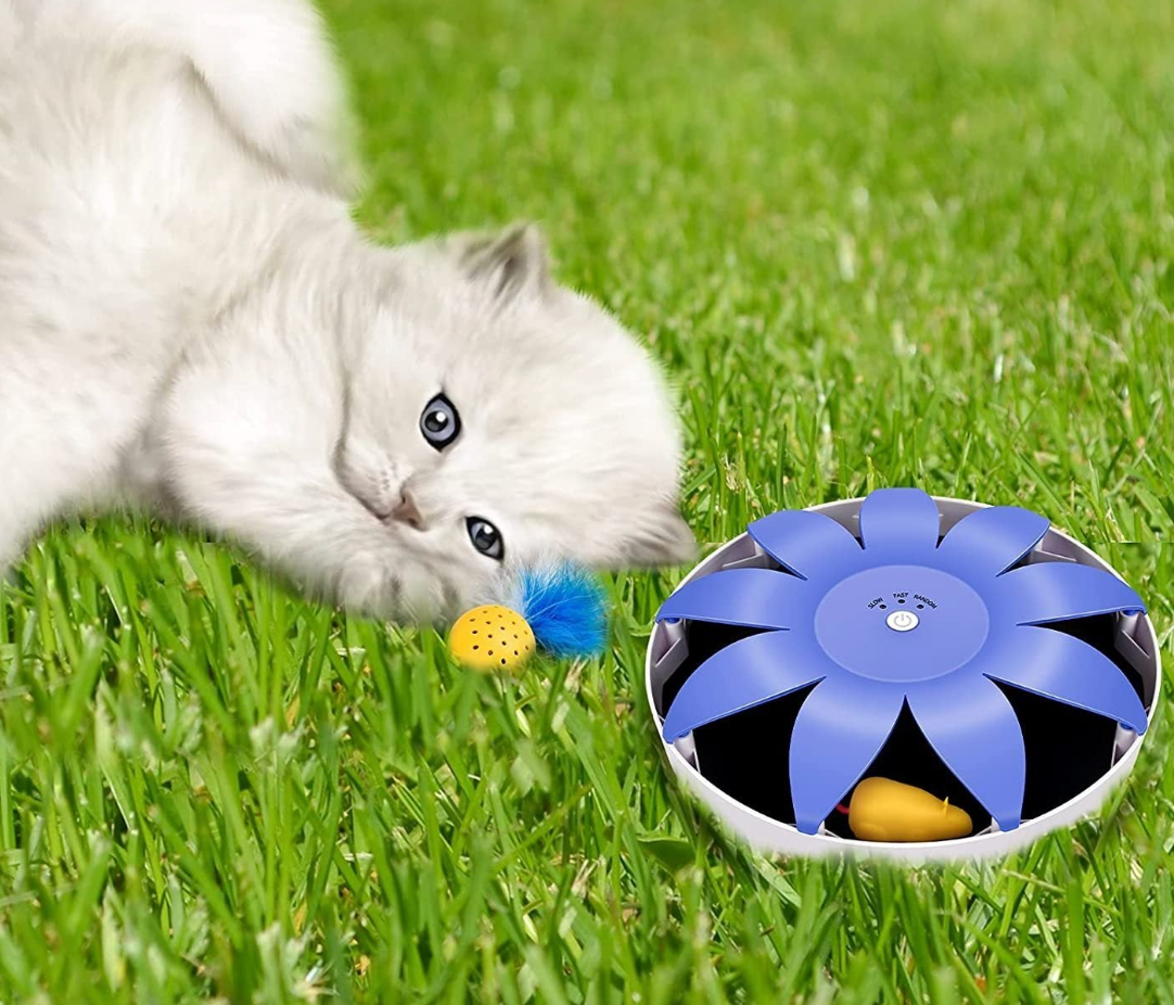 FluffyDream Automatic Electric Magnetic Spinning Cat Toys, Interactive, Rotation Cat Exercise Teaser Toy with Emulational Mouse, Fluffy Tails, Toys for Indoor Cats, Pets, 9.65” x 9.65” x 2.36”