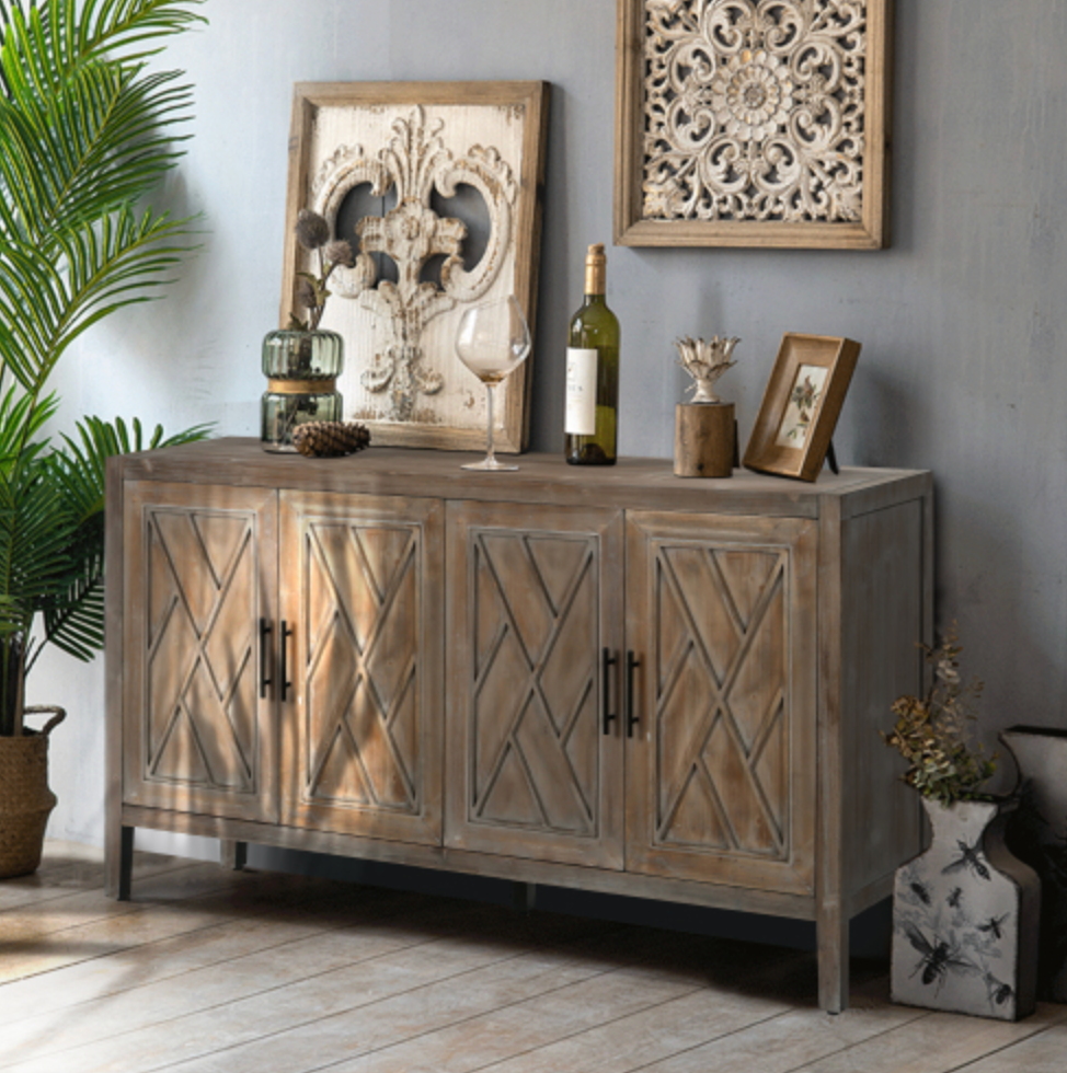 4 Door Wooden Twill Sideboard American Country Vintage Old Living Room Dining Room Hallway Entryway Cabinet - Antique Brown