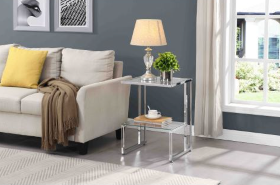 Silver Chrome Side Table, 2-Tier Acrylic Glass End Table