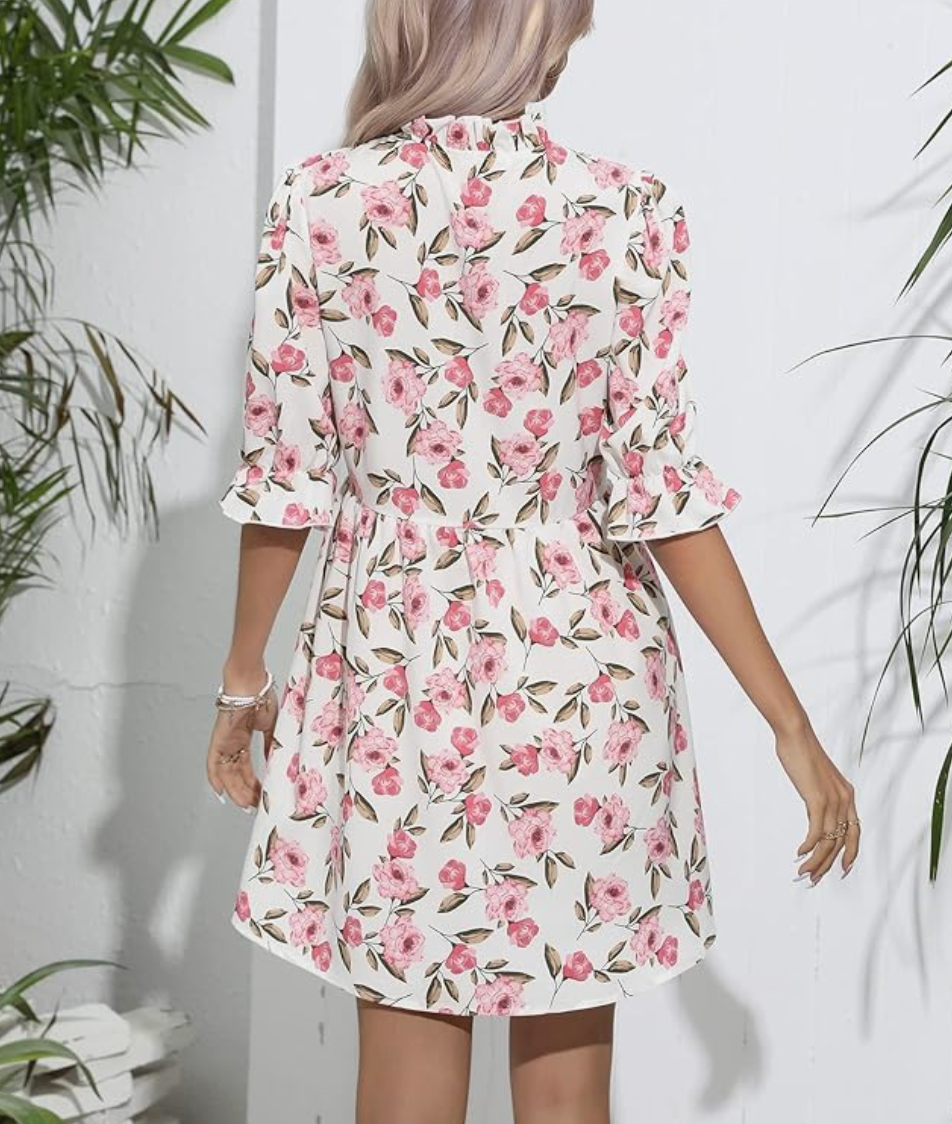 Floral Print Babydoll Dress, Mock Neck, 3/4 Puff Sleeves, White with Pink Flowers