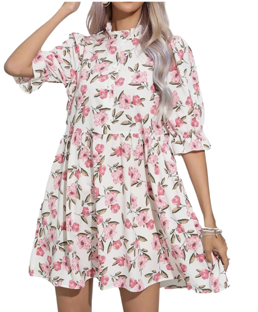 Floral Print Babydoll Dress, Mock Neck, 3/4 Puff Sleeves, White with Pink Flowers
