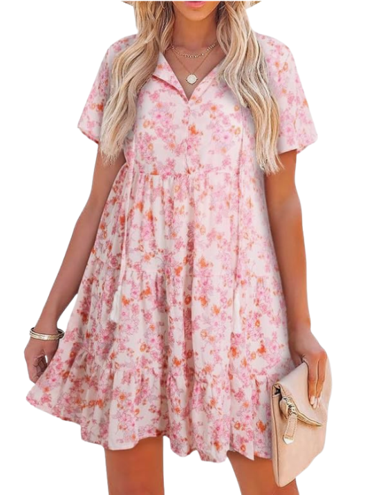 Womens Spring Summer Casual Flowy Boho Floral Mini Dress Trendy V Neck - Pink