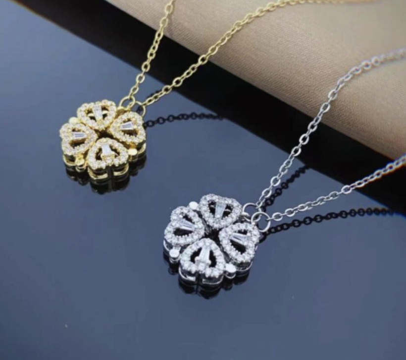 Retro Magnetic Folding Heart Shaped Four Leaf Clover Pendant Necklace Women