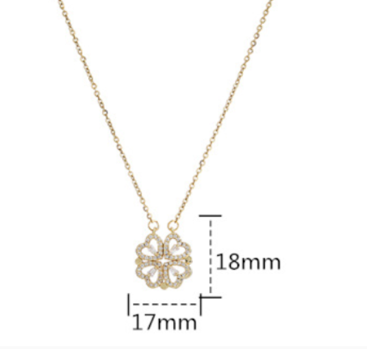 Retro Magnetic Folding Heart Shaped Four Leaf Clover Pendant Necklace Women