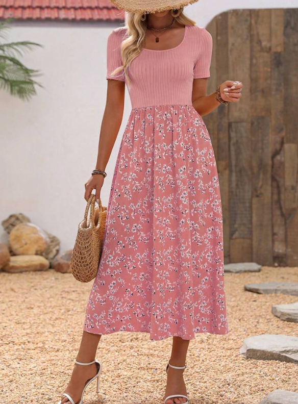 Women's Floral Print Maxi Dress, Short Sleeve, Scoop Neck