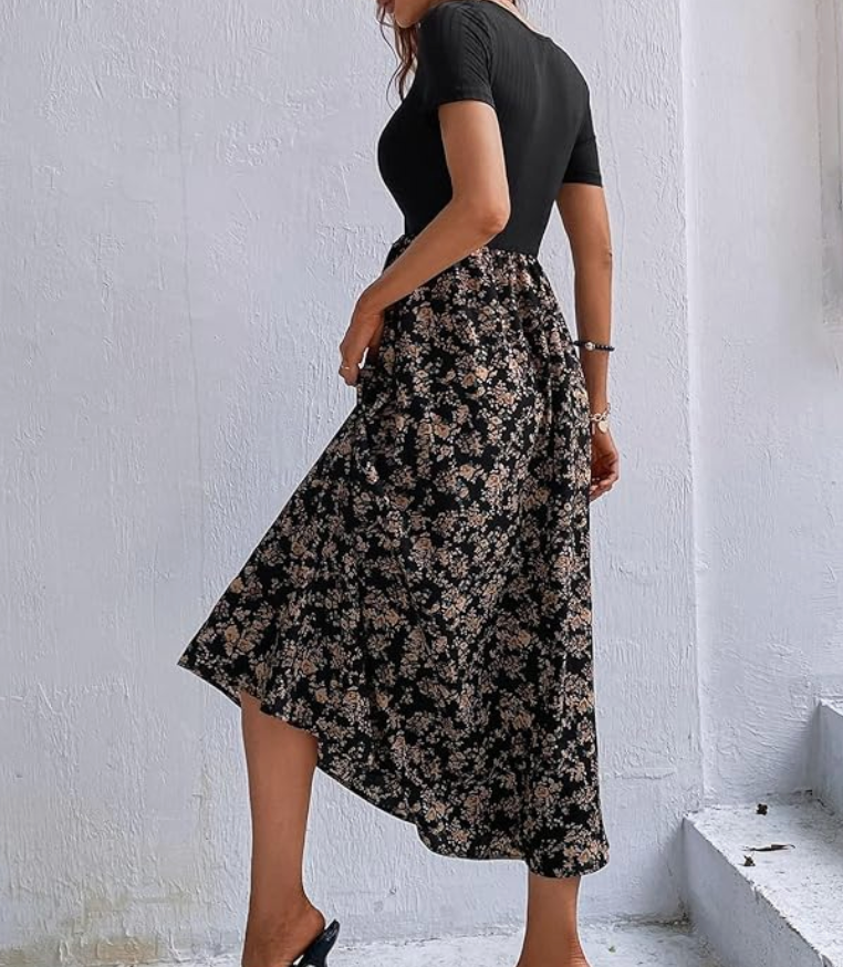 Women's Floral Print Maxi Dress, Short Sleeve, Scoop Neck