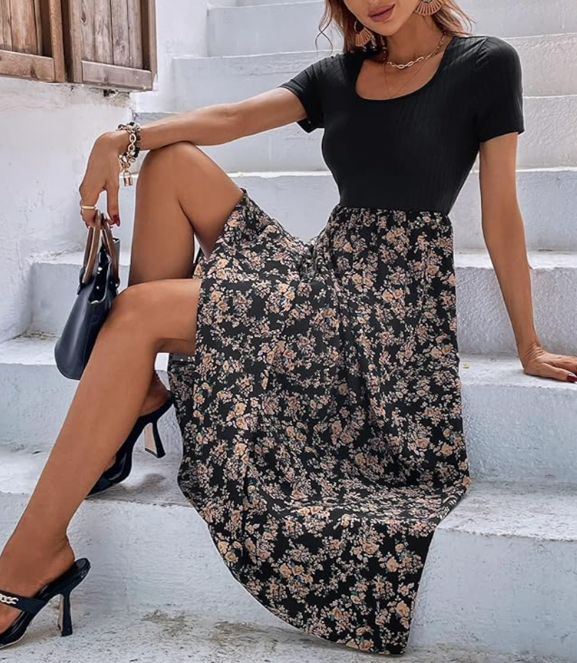 Women's Floral Print Maxi Dress, Short Sleeve, Scoop Neck