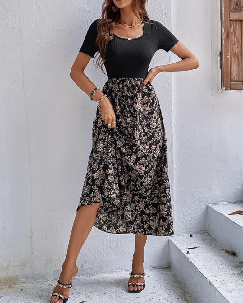 Women's Floral Print Maxi Dress, Short Sleeve, Scoop Neck