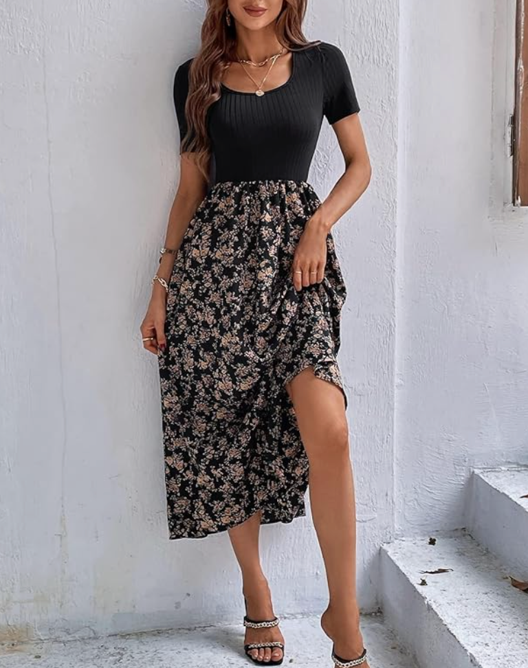 Women's Floral Print Maxi Dress, Short Sleeve, Scoop Neck