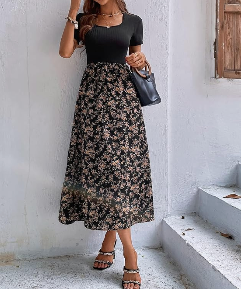 Women's Floral Print Maxi Dress, Short Sleeve, Scoop Neck