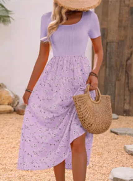 Women's Floral Print Maxi Dress, Short Sleeve, Scoop Neck
