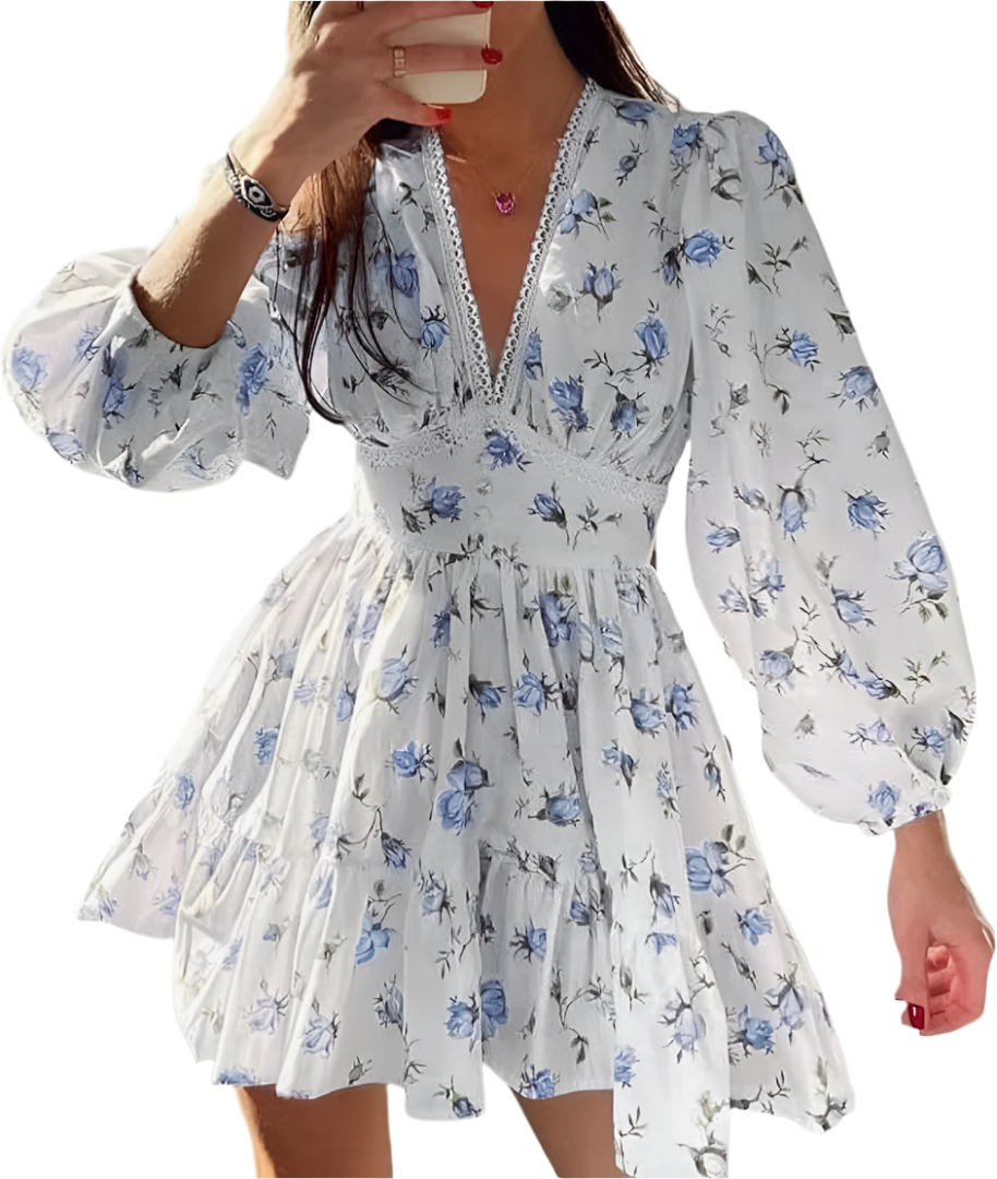 Floral Print Mini Dress, V-Neck, Balloon Sleeve, Lace Detail