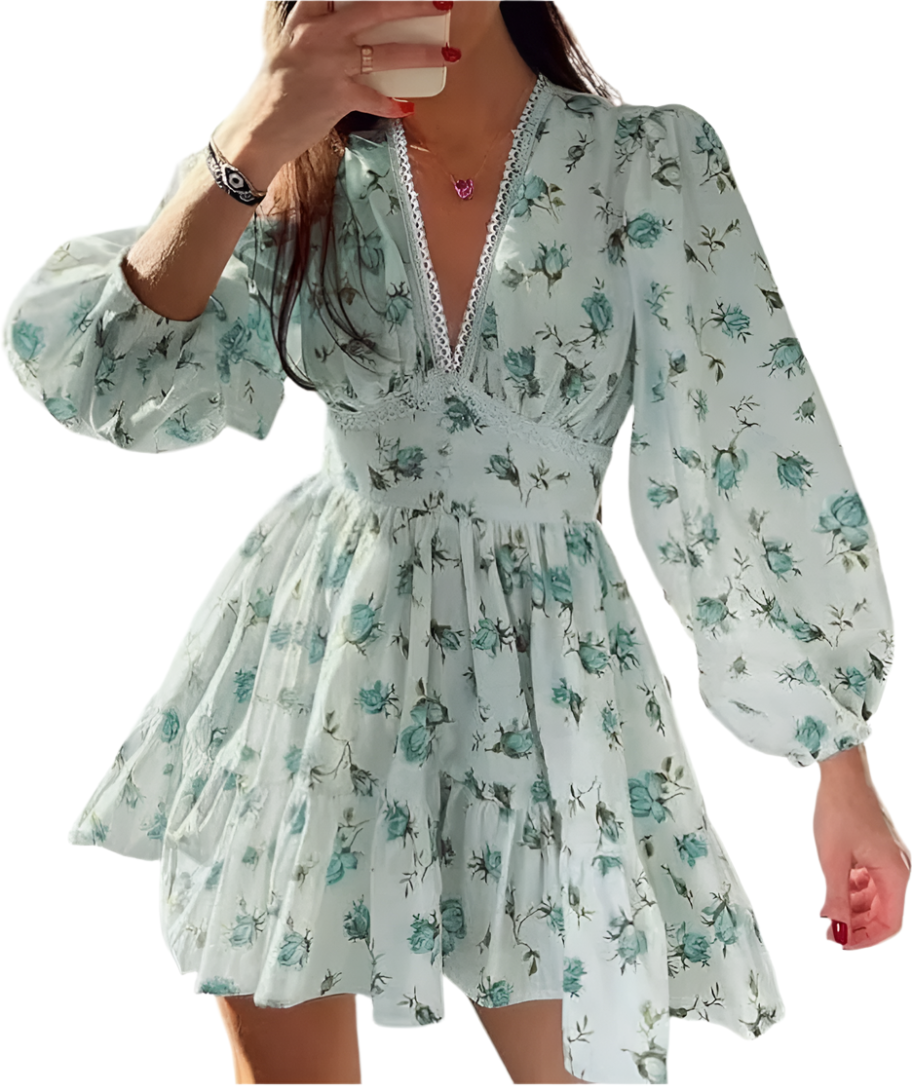 Floral Print Mini Dress, V-Neck, Balloon Sleeve, Lace Detail