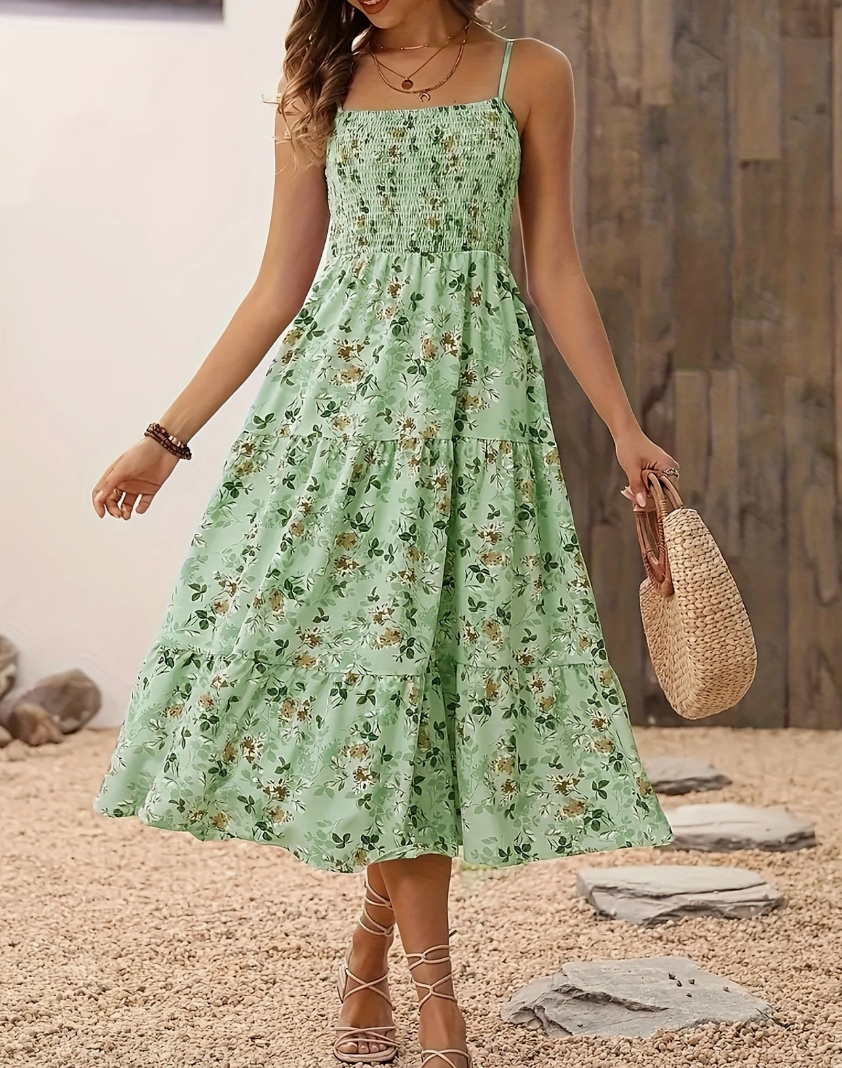 Women's Floral Midi Dress, Smocked Bodice, Spaghetti Strap, Tiered Summer Dress