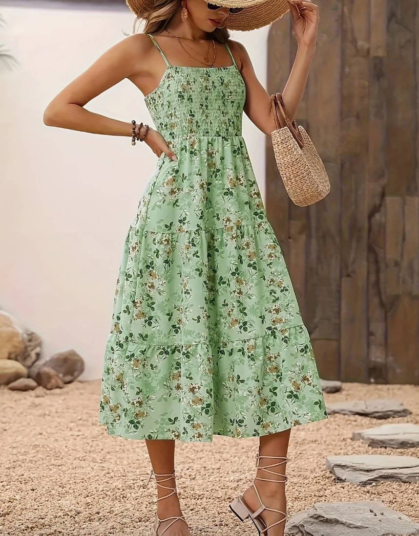 Women's Floral Midi Dress, Smocked Bodice, Spaghetti Strap, Tiered Summer Dress