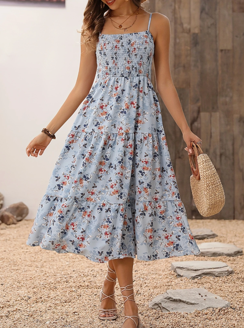 Women's Floral Midi Dress, Smocked Bodice, Spaghetti Strap, Tiered Summer Dress
