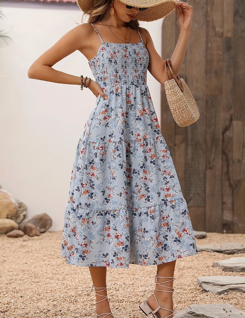 Women's Floral Midi Dress, Smocked Bodice, Spaghetti Strap, Tiered Summer Dress