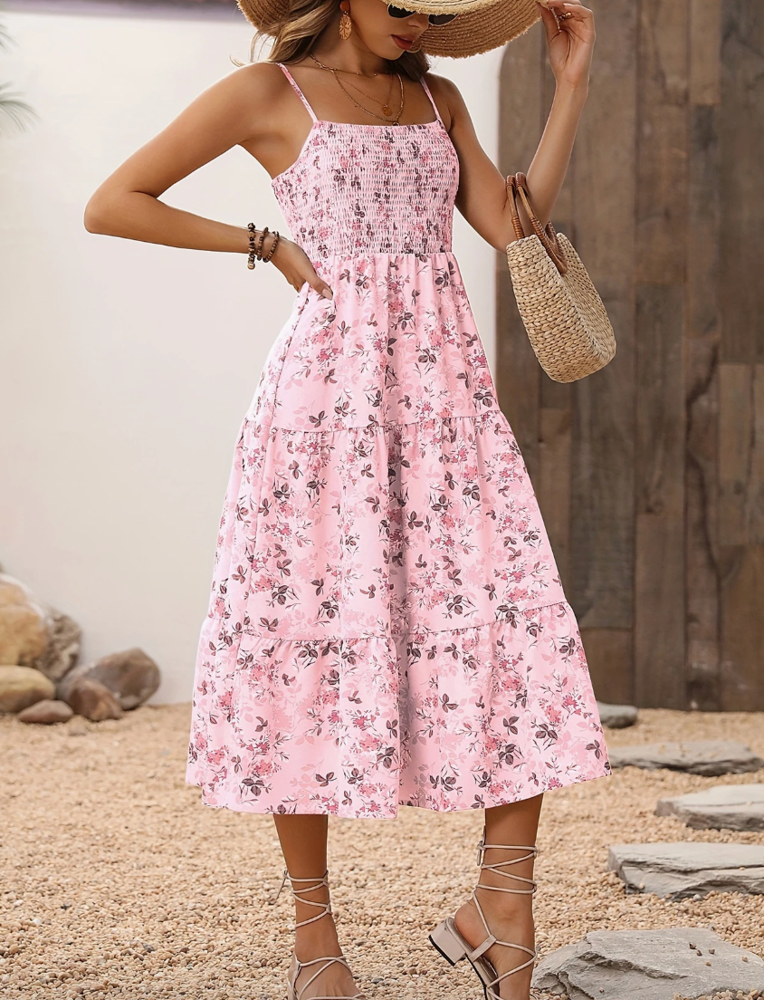 Women's Floral Midi Dress, Smocked Bodice, Spaghetti Strap, Tiered Summer Dress