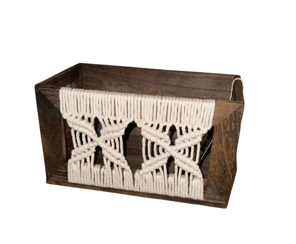 Decorative Storage Basket with Macrame Front, Rustic Brown Wood Frame, White Cotton Rope Design