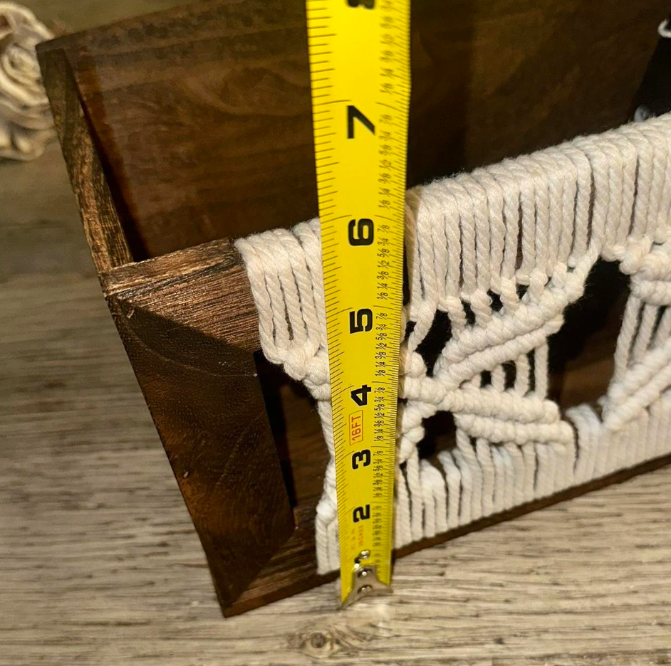 Decorative Storage Basket with Macrame Front, Rustic Brown Wood Frame, White Cotton Rope Design