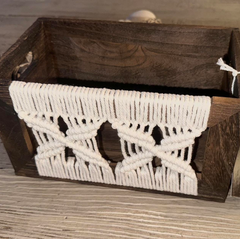 Decorative Storage Basket with Macrame Front, Rustic Brown Wood Frame, White Cotton Rope Design