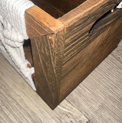 Decorative Storage Basket with Macrame Front, Rustic Brown Wood Frame, White Cotton Rope Design