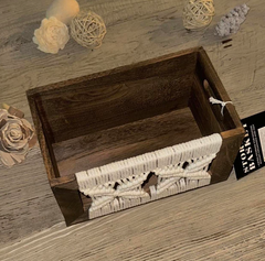 Decorative Storage Basket with Macrame Front, Rustic Brown Wood Frame, White Cotton Rope Design